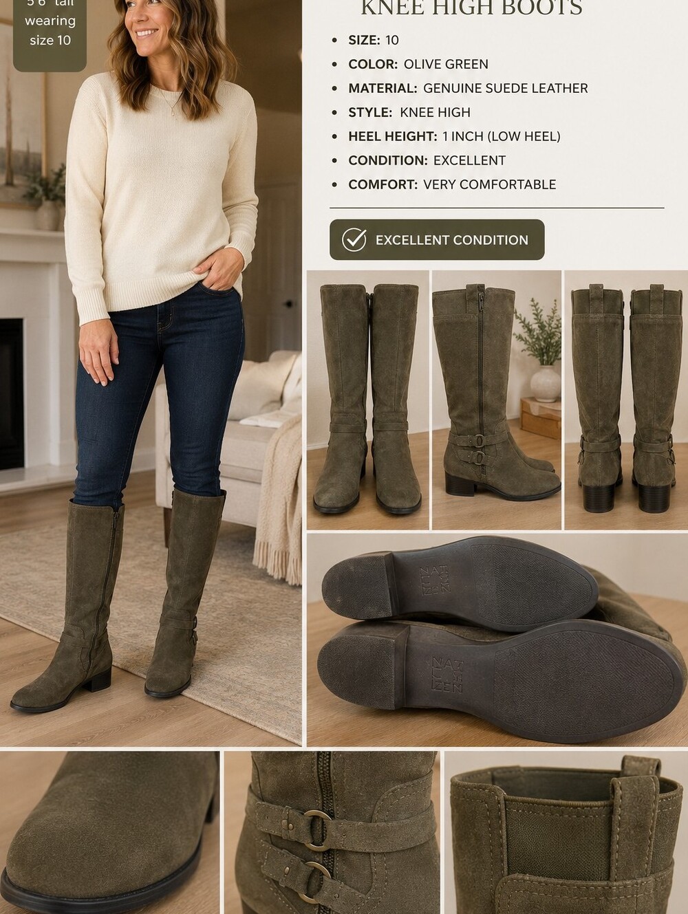 Naturalizer Olive Green Gray Suede Knee Boots with Block Heel